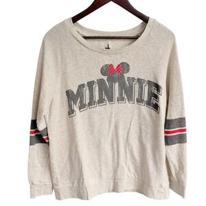Disney Parks Minnie Mouse Sweatshirt Large Varsity Gray Red Graphic Pullover